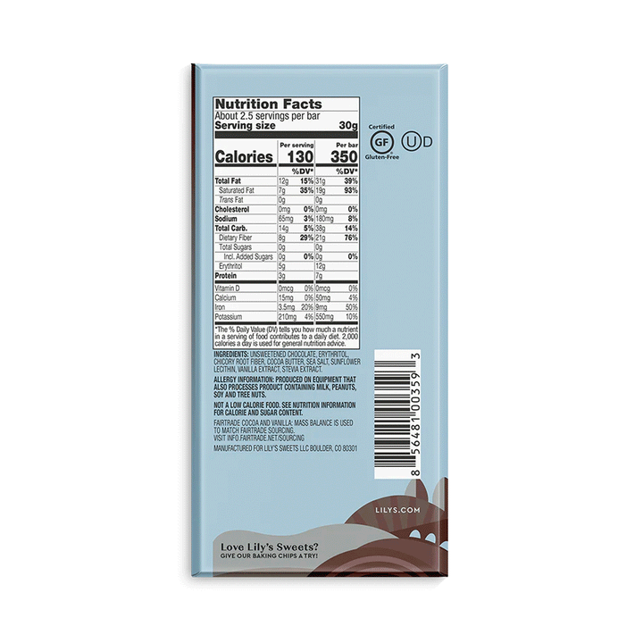 Lily's Sweets Extra Dark Chocolate Style Bar - Sea Salt (70% Cocoa), 80g