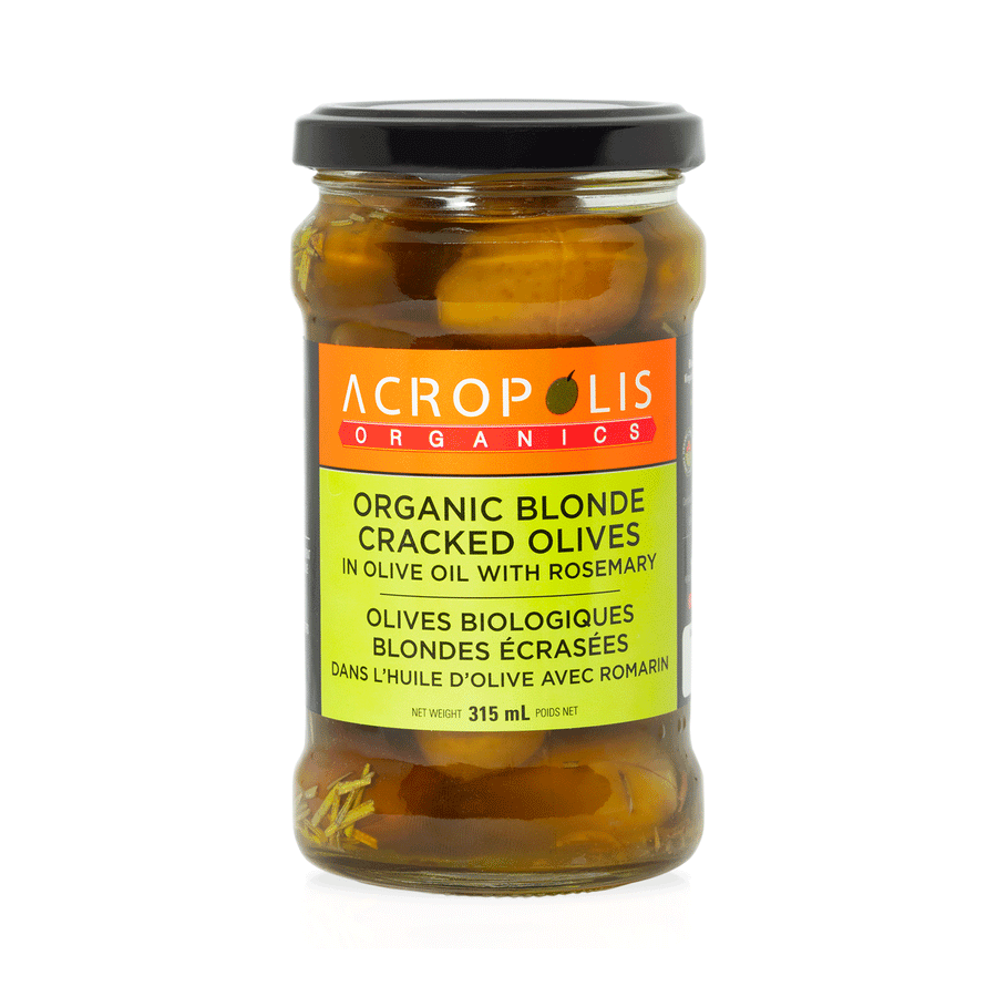 Acropolis Organics Blonde Cracked Olives In Evoo With Rosemary, 315ml
