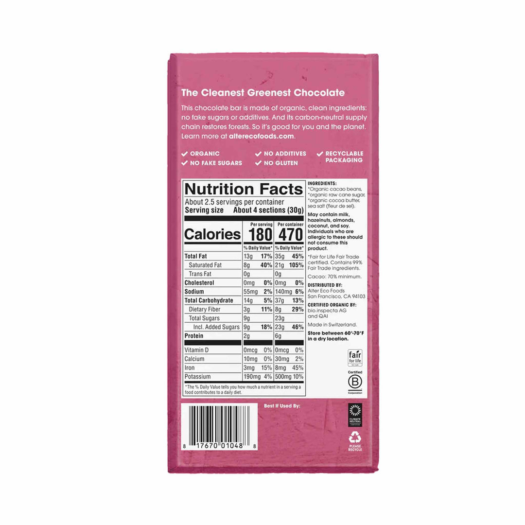 Alter Eco Organic Sea Salt Dark Chocolate Bar (70% Cacao), 80g