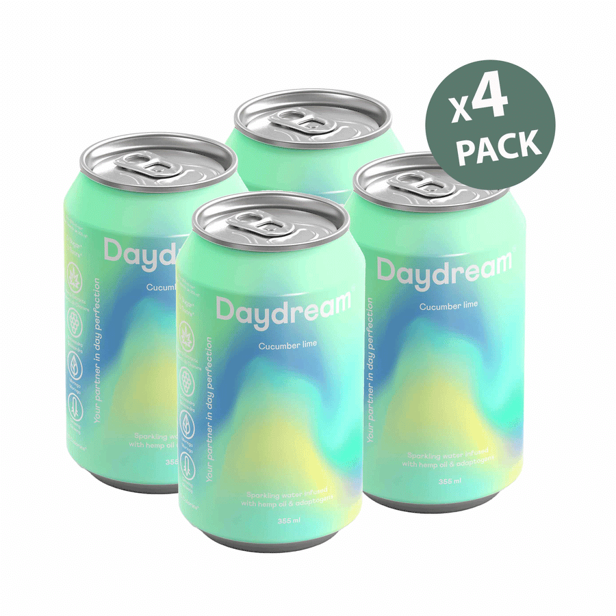 Daydream Cucumber Lime Sparkling Water Infused with Hemp Seed Oil & Adaptogens, 4x355ml