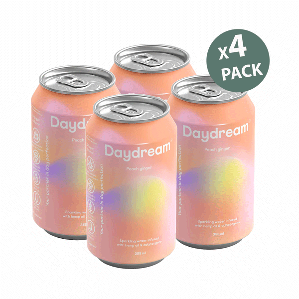 Daydream Peach Ginger Sparkling Water Infused with Hemp Seed Oil & Adaptogens, 4x355ml