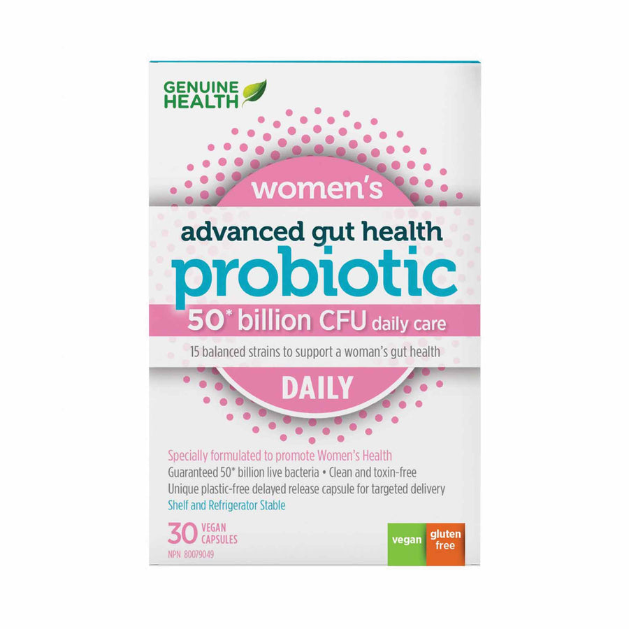 Genuine Health Advanced Gut Health Daily Probiotics for Women, 50 Billion CFU, 15 Diverse Strains, Vegan Delayed-release Capsules, 30 Count