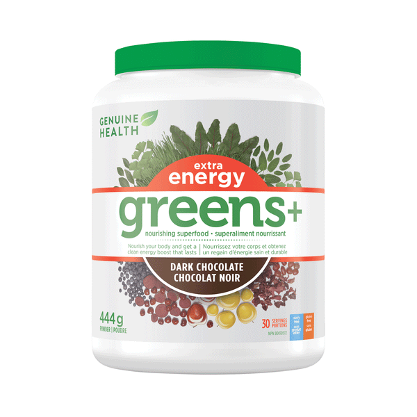 Genuine Health Greens+ Extra Energy - Dark Chocolate, 444g Tub, 30 Servings