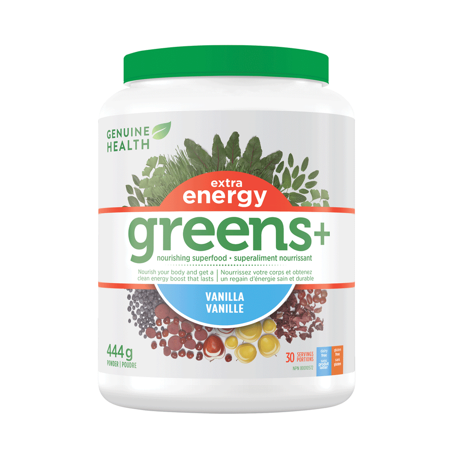 Genuine Health Greens+ Extra Energy - Vanilla, 444g Tub, 30 Servings