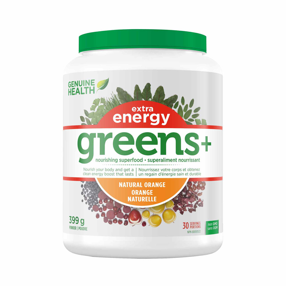 Genuine Health Greens+ Extra Energy Superfood, Natural Orange, 399g Tub, 30 Servings