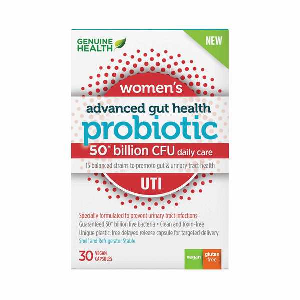 Genuine Health Advanced Gut Health Probiotics for Women UTI 50 Billion CFU, 15 Diverse Strains, Vegan Delayed-Release Capsules, 30 Count