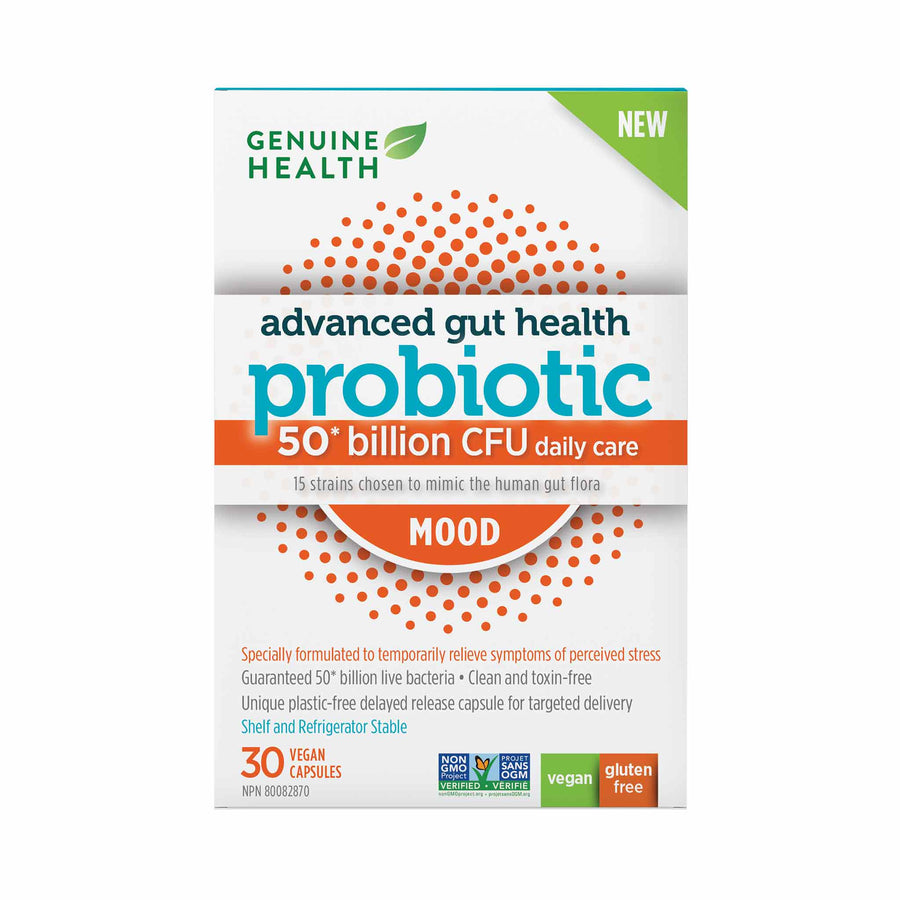 Genuine Health Advanced Gut Health Probiotic Mood, 50 Billion CFU, 15 Diverse Strains, Vegan Delayed-Release Capsules, 30 Count